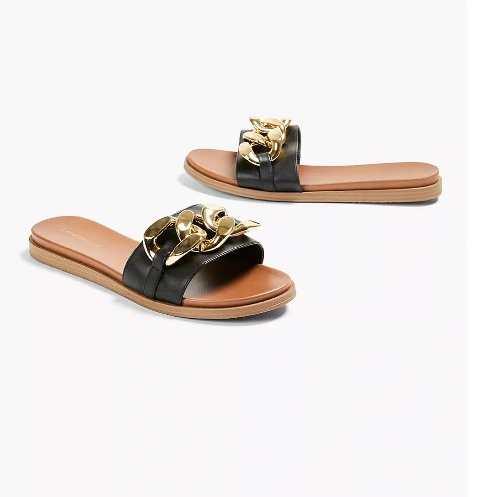 Lane Bryant Dream Cloud Chain Slide Sandal Black Gold Lighweight Wide‎ Sz 8W